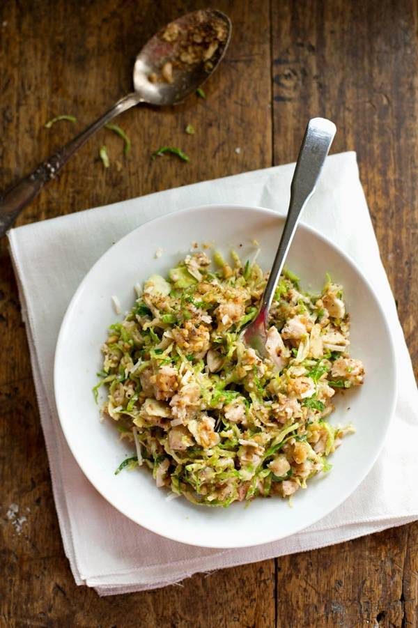 Brussels Sprout Salad in a white bowl.