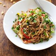 Spicy Peanut Chicken Soba Noodle Salad - colorful bell peppers with chewy soba noodles, shredded chicken, and a life changingly simple Spicy Peanut Sauce. Hot or cold, yumyumyum. 320 calories. | pinchofyum.com